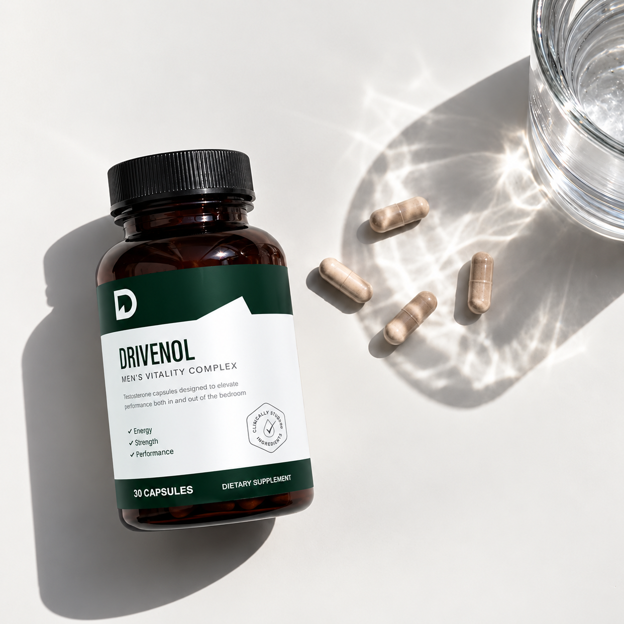 Close-up of the Drivenol bottle label showing the four-ingredient list and amounts per capsule